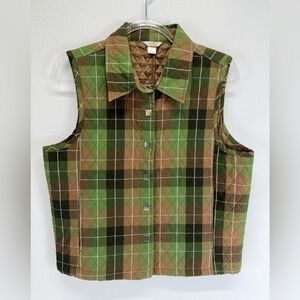 Christopher & Banks Sleeveless Green Brown Tan Plaid Quilted Snap Vest Size M